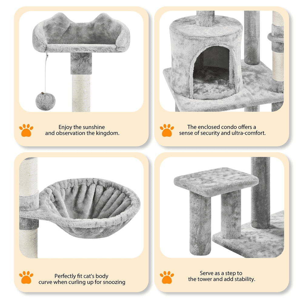 Alden Design 57″ Tall Multi Level Cat Tree with Basket & Condo & Scratching Post, Light Gray