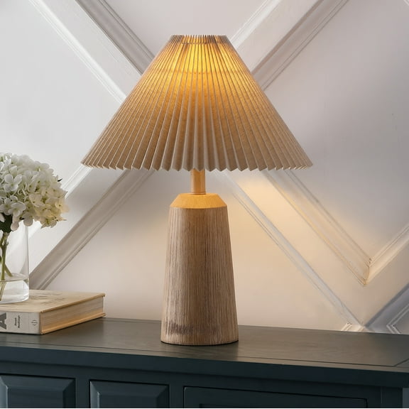 JONATHAN Y Arvid 20.5" Rustic Scandinavian Resin/Iron Lighthouse LED Table Lamp with Pleated Shade, Beige Wood Finish, JYL1146A