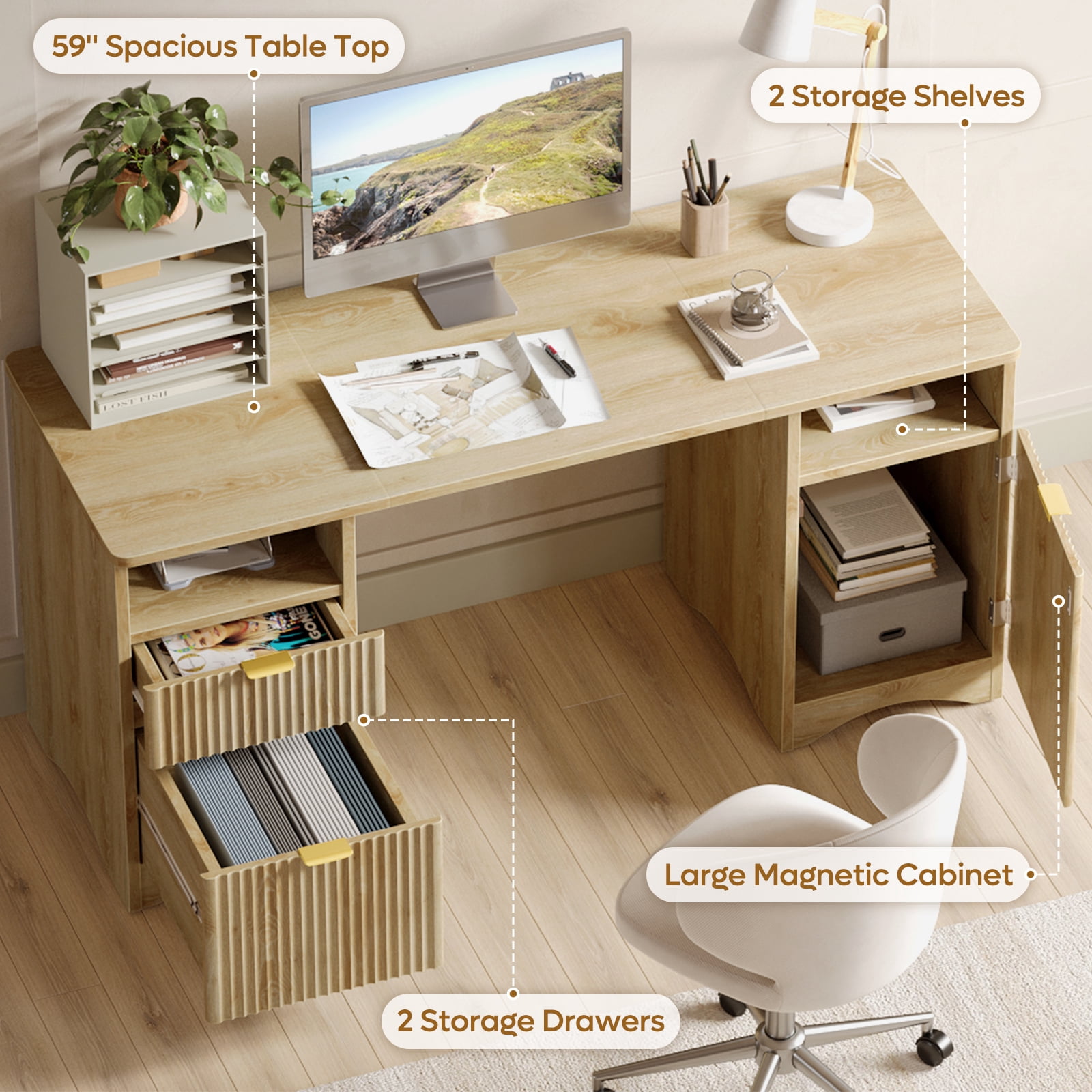 Bestier 59" Modern Executive Desk with Storage, Wood Home Office Desk with 2 Drawers & 3 Cabinet, Fluted Computer Writing Desk for Study, Living Room, Bedroom, Oak