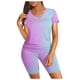 thumbnail image 1 of Conjunto de dos piezas con estampado degradado para mujer: poliéster y spandex, cuello en V, pantalones cortos ciclistas., 1 of 6
