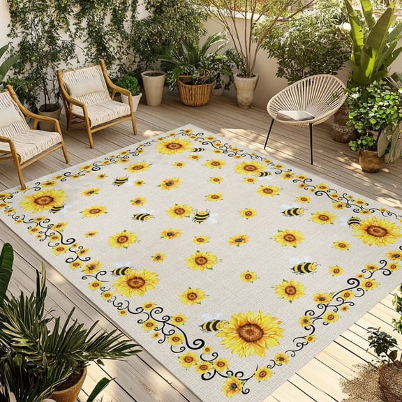 Sunflower Bees Outdoor Rug for Patio/Deck/Porch, Non-Slip Large Area Rug 6 x 9 Ft, Spring Summer Farmhouse Floral Beige Burlap Indoor Outdoor Rugs Washable Area Rugs, Camping Rug Carpet Runner