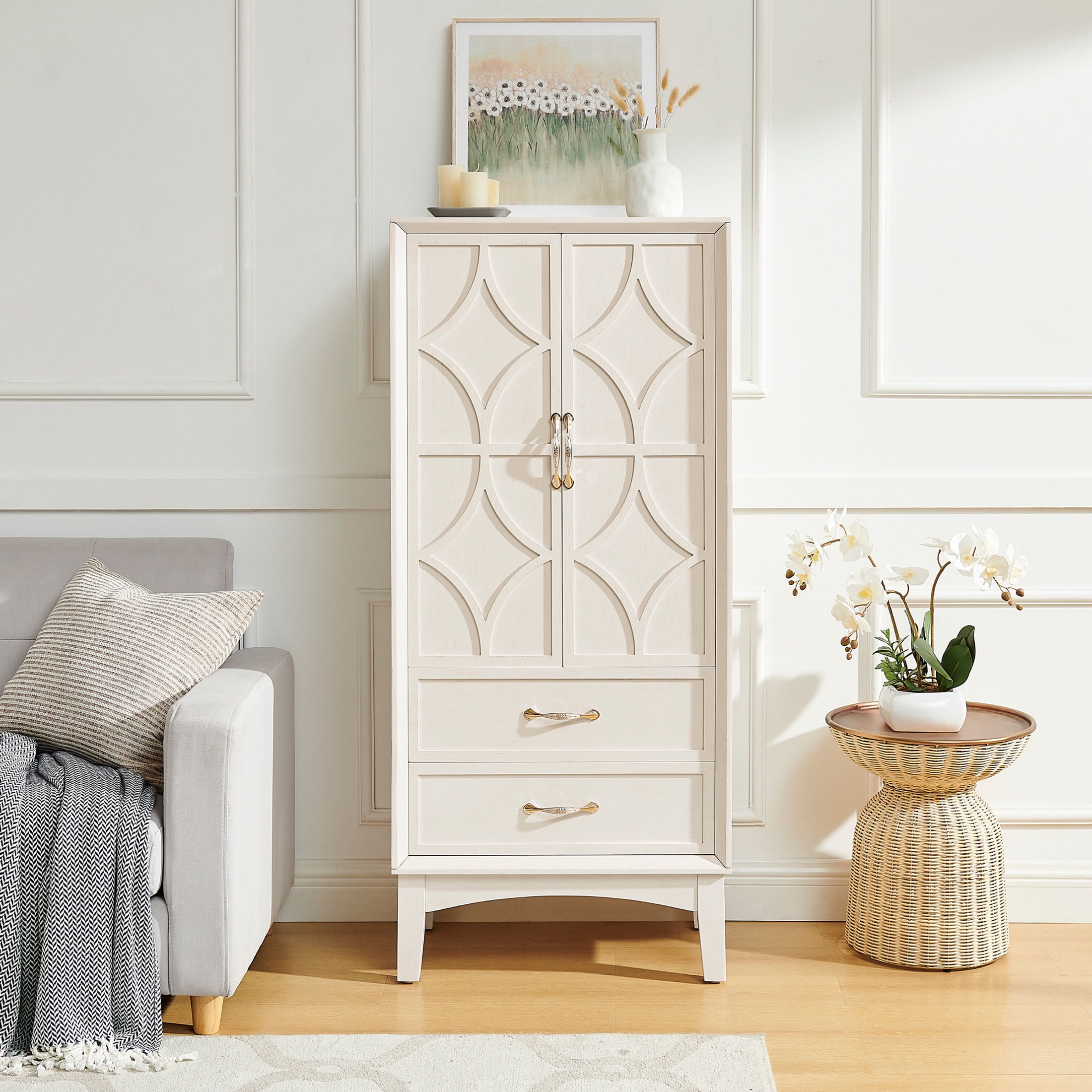 GDF Studio 53.5" Kitchen Pantry Storage Cabinet with Doors, Drawers and Adjustable Shelves, Antique White