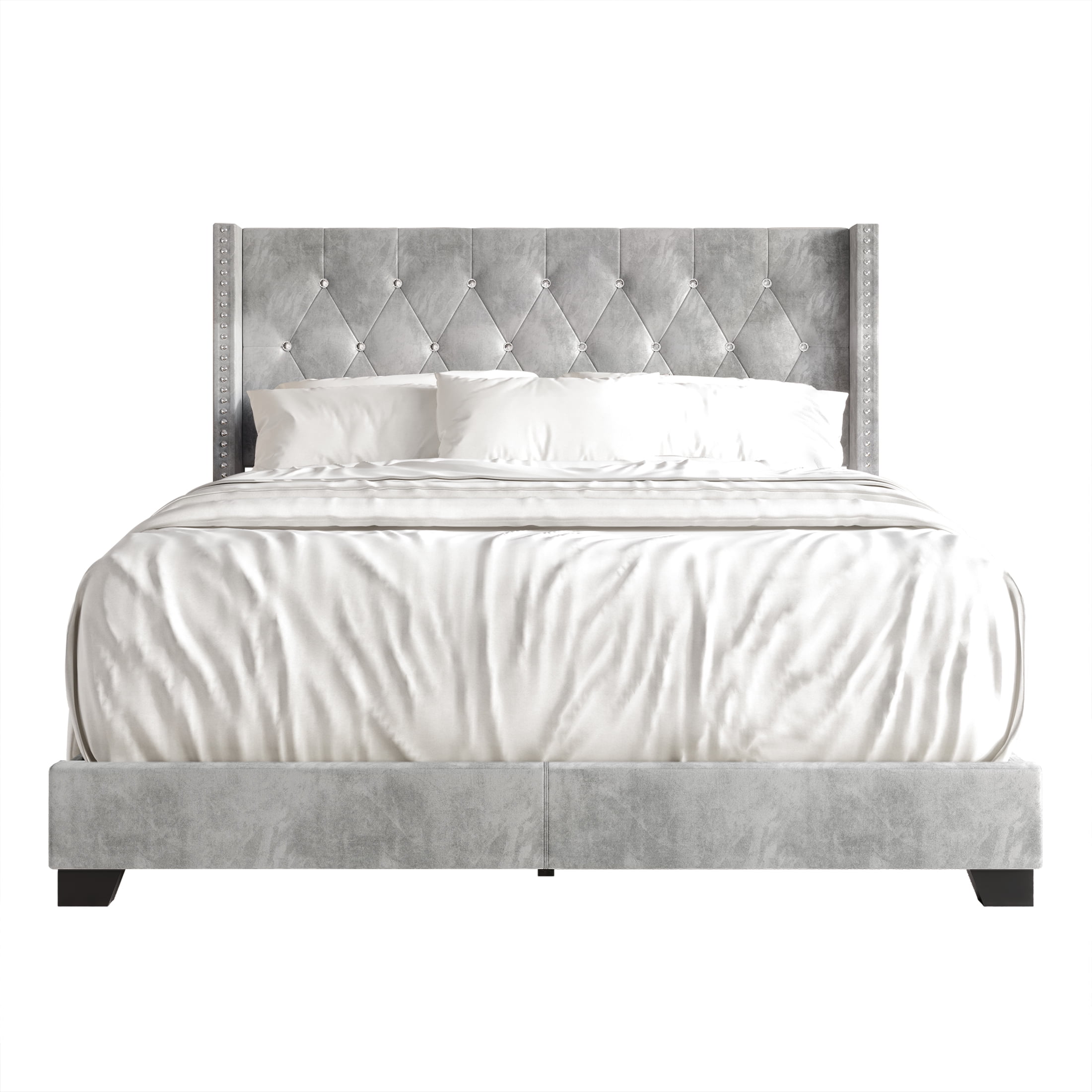 Castle Place Nailhead Trim Wingback Upholstered Bed, Silver Grey Velvet, King
