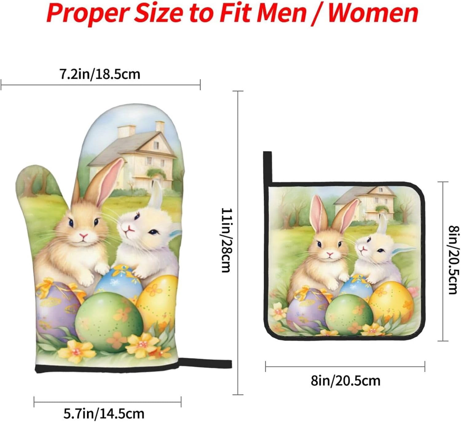 Oven Mitts and Pot Holders Sets of 4, Easter Eggs Floral Kitchen Gloves for Cooking Baking Cartoon Rabbit Bunny Hot Pads BBQ Potholders