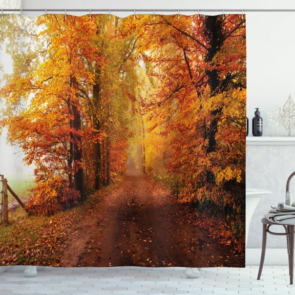 Ambesonne Fall Shower Curtain, Footpath in Foggy Woods, 69"Wx70"L, Orange Redwood Yellow