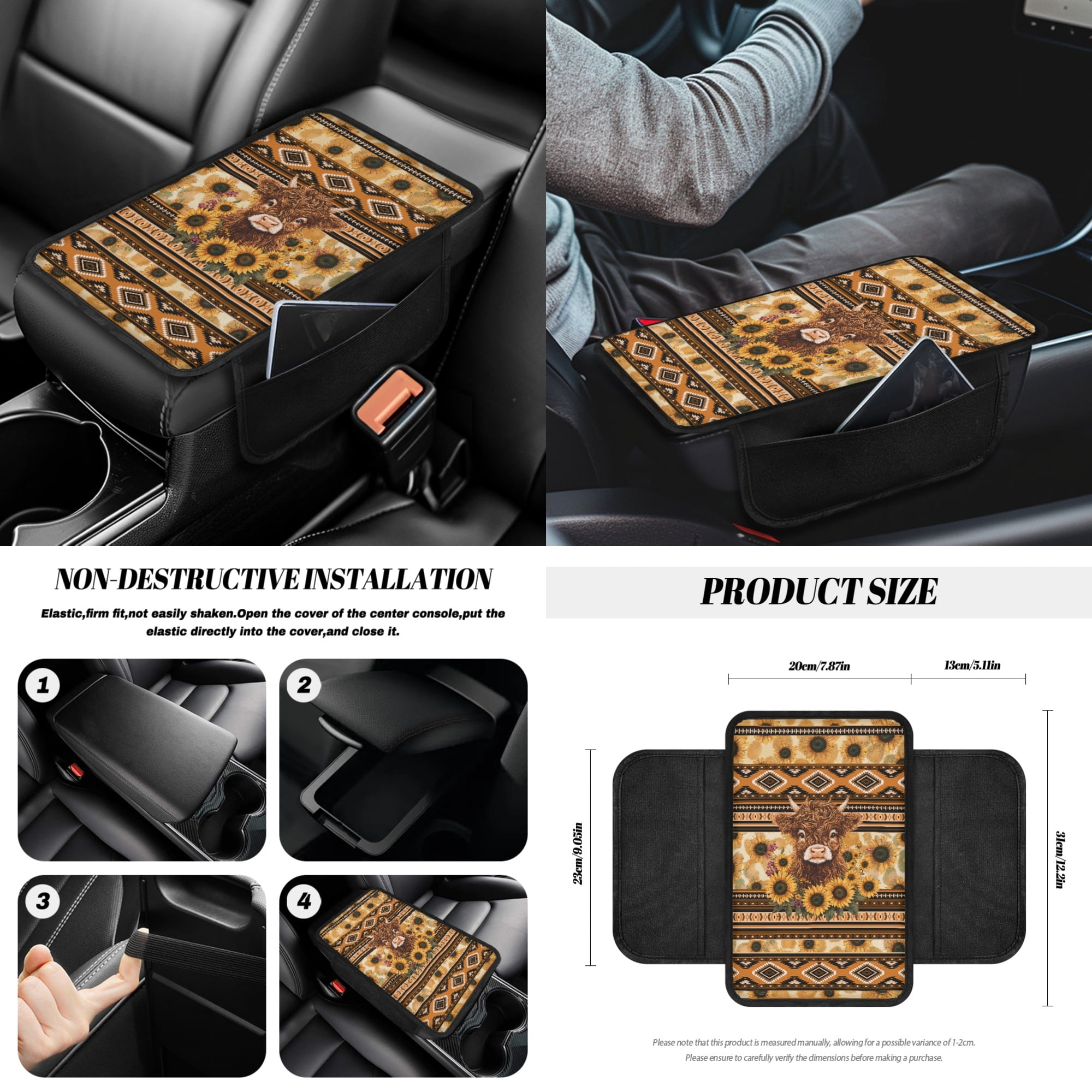 Renewold American Tribal Highland Cow Sunflower 14 PCS Car Seat Cover Full Set with Steering Wheel Seat Belt Strap Pads Cup Coasters Trash Bag Rearview Mirror Armrest Pad Handbrake Cover Set