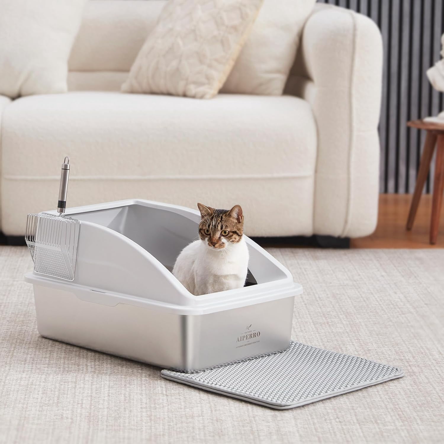 Stainless Steel Litter Box | Metal Kitty Litter Box with Lid High Sided for Small Cats or Injured Cats, Bunny Litter Boxes, Low Entry, Odor-Free, Non-Stick,Includes Scoop (Dark Gray, Small)