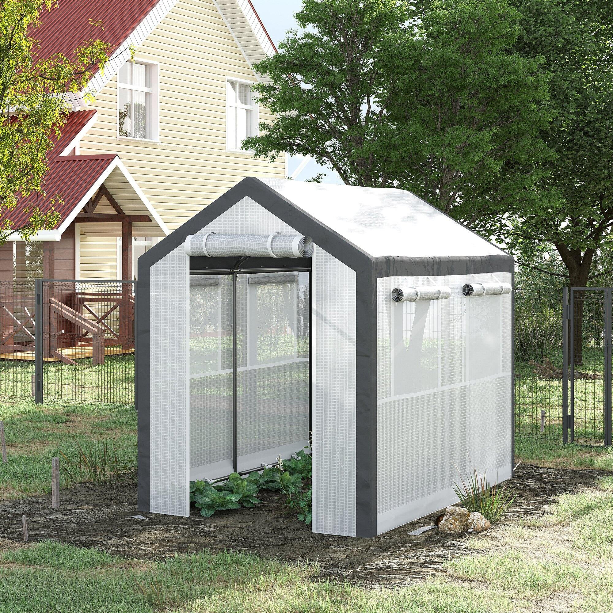 Outdoor Storage Shed Outsunny 8' x 6' x 7.5' Walk-In Greenhouse, Outdoor Gardening Canopy with 6 Roll-up Windows, 2 Zippered Doors & Weather Cover, White,Garden Storage Shed