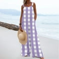 thumbnail image 6 of Casual Jumpsuit for Women Summer Button Strap Plaid Criss Cross Bib Jumper with Pocket Loose Pleated Wide Leg Outfits, Purple, XL, 6 of 7
