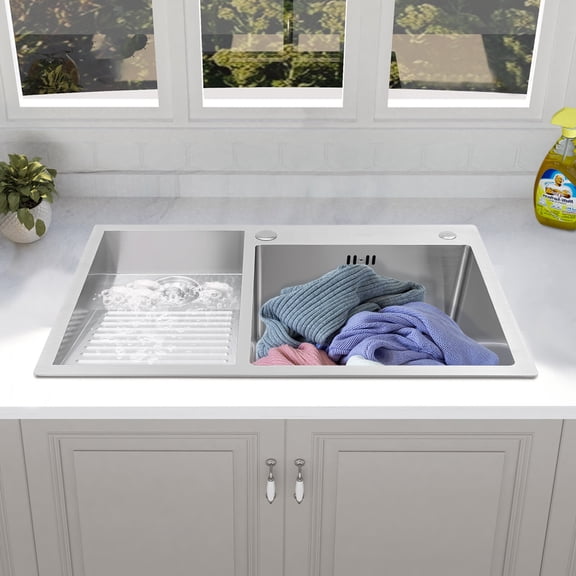 Silver 304 Stainless Steel 80x48cm Double-Slot Washbasin Left Washboard Right Pool With Washboard Washbasin