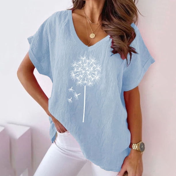 Fiudx Tops para Mujer Blusa Superior de Manga Corta con Cuello En V Regular Estampada a La Moda Sexy de Verano para Mujer