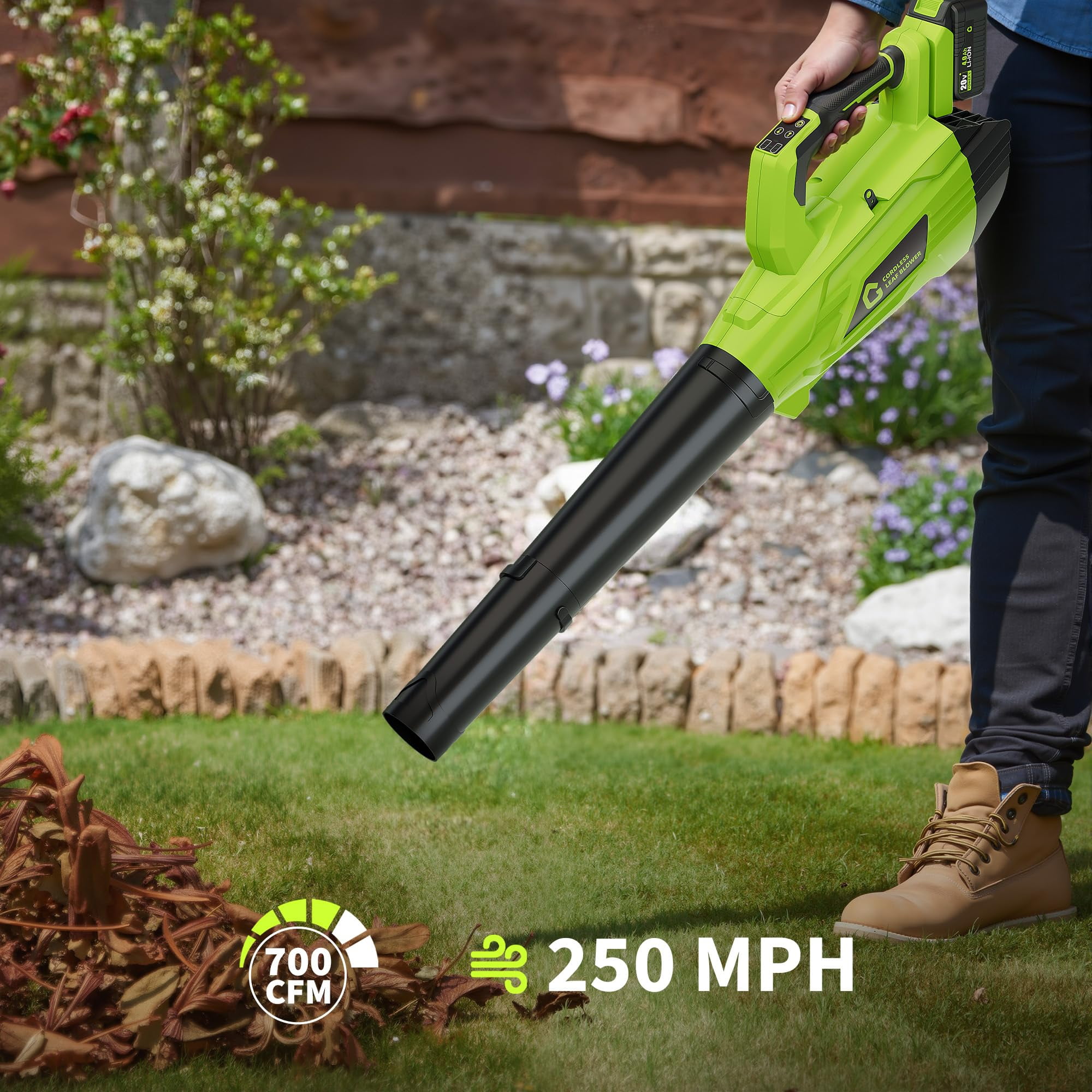 20V Cordless Leaf Blower with 2 Batteries – 550 CFM / 130 MPH – Lightweight & Powerful, 6-Speed Adjustable Electric Blower for Lawn, Patio, Wet/Dry Leaves – Includes 2.0Ah Batteries & Charger, green