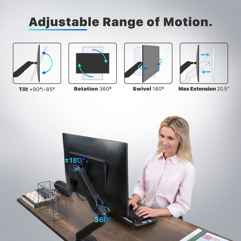 ONKRON Single Arm Monitor Mount for 13” - 34” Monitors up to 22 lbs - Gas  Spring Monitor Arm Desk Mount, VESA 75x75-100x100, Single Monitor Stand for