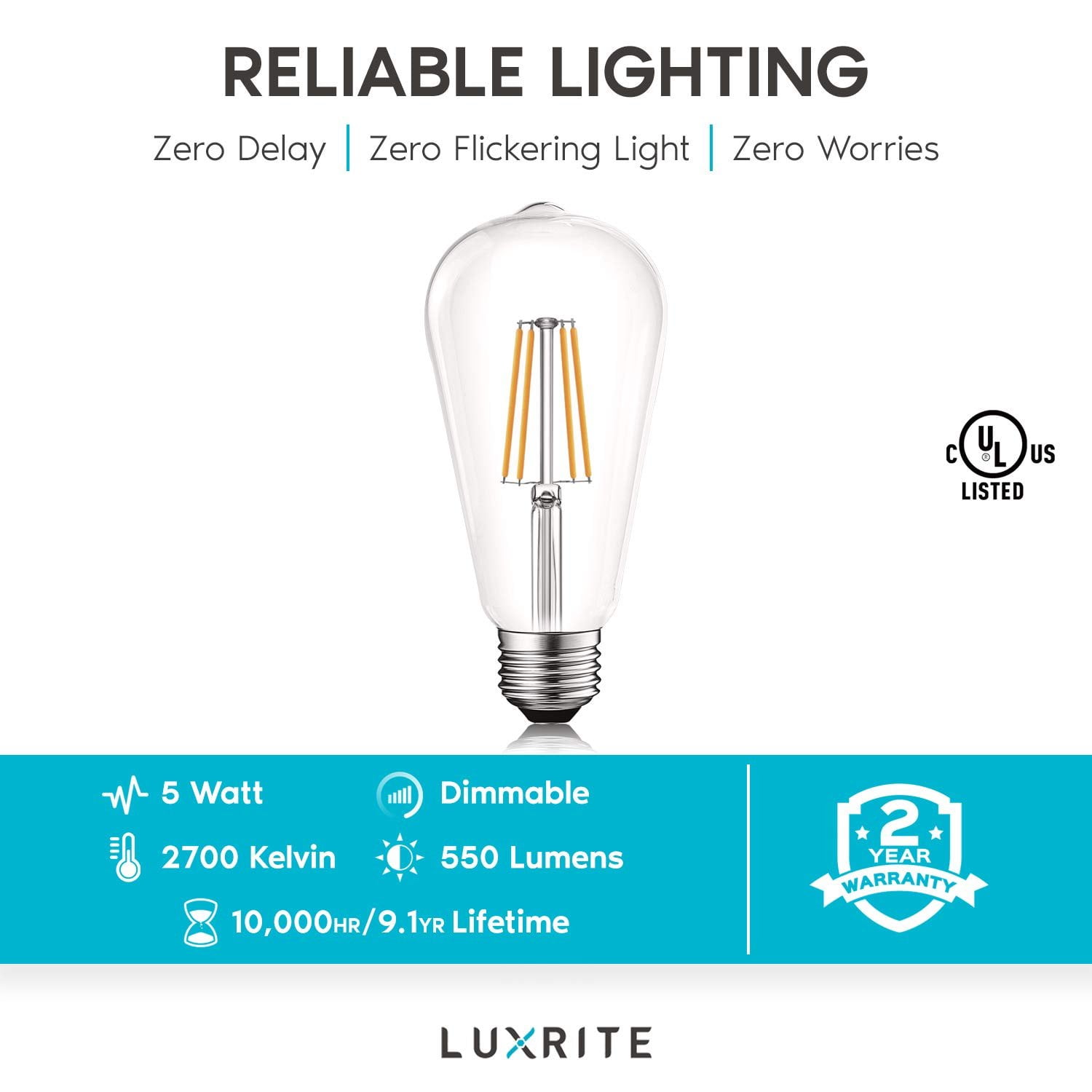 Luxrite ST19 ST58 Edison Dimmable LED Light Bulb 5W=60W 2700K Warm White, 550 Lumens, E26, 4-Pack