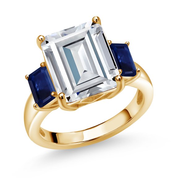 Gem Stone King 18K Yellow Gold Plated Silver Blue Sapphire Ring Set with Moissanite (8.61 Cttw) (Size 7)