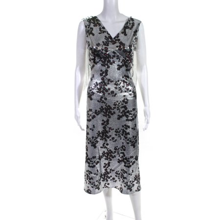 Pre-owned|Paco Rabanne Womens Halter Top Empire Floral Dress Silver Red Black Size 38