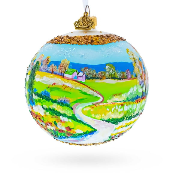 Village Road Painting Glass Ball Christmas Ornament 4 Inches