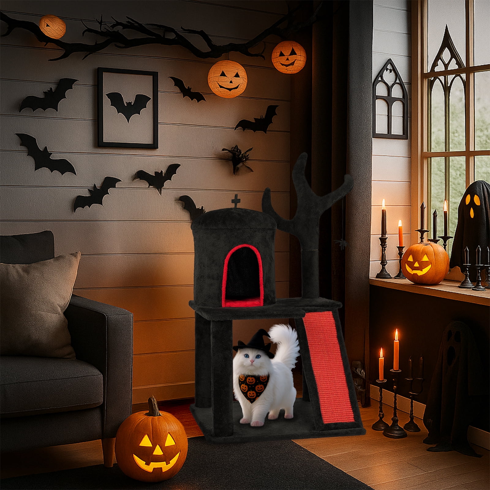 Zimtown 2-Level Halloween Cat Tree, Black & Red Pet Furniture with Scratching Post & Hideout