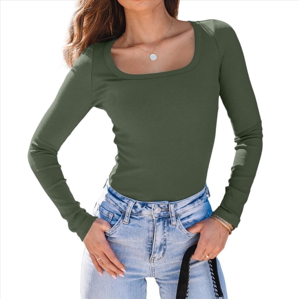 Camisas de Larga para Mujer, Blusas de Cuello Cuadrado, Blusas Básicas de Punto Acanalado, Conjuntos de Otoño, Ropa de Moda Verde XL