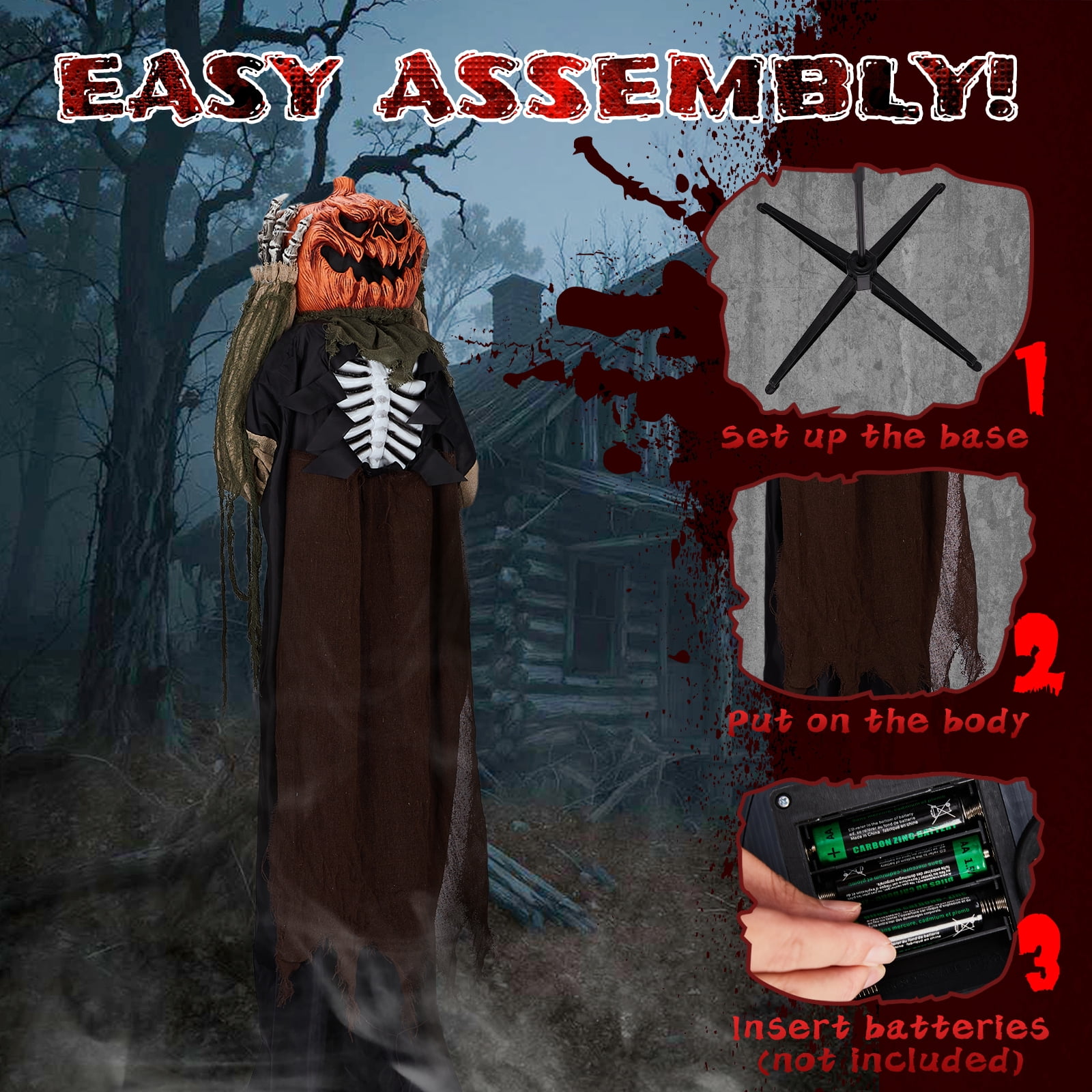 5.6ft Halloween Decorations Outdoor Life Size Animatronics Ghost with Pumpkin Head, Sound-Actived Party Decor with Creepy Sound , Scary Haunted House Props for Garden Yard Lawn
