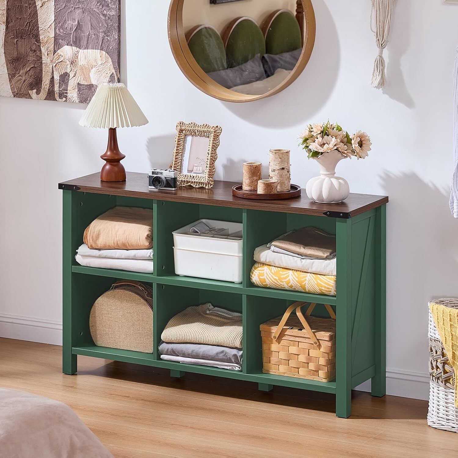 Joaxswe 6 Cube Storage Organizer, Farmhouse Green 47.2'' Wide 2 Tier Display Book Shelf, Wooden Cube Bookcase for Living Room, Bedroom, Office