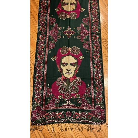 Mexican Pashmina Shawl Scarf Wrap Artist Frida Kahlo Forest Green Fuchsia Pink New