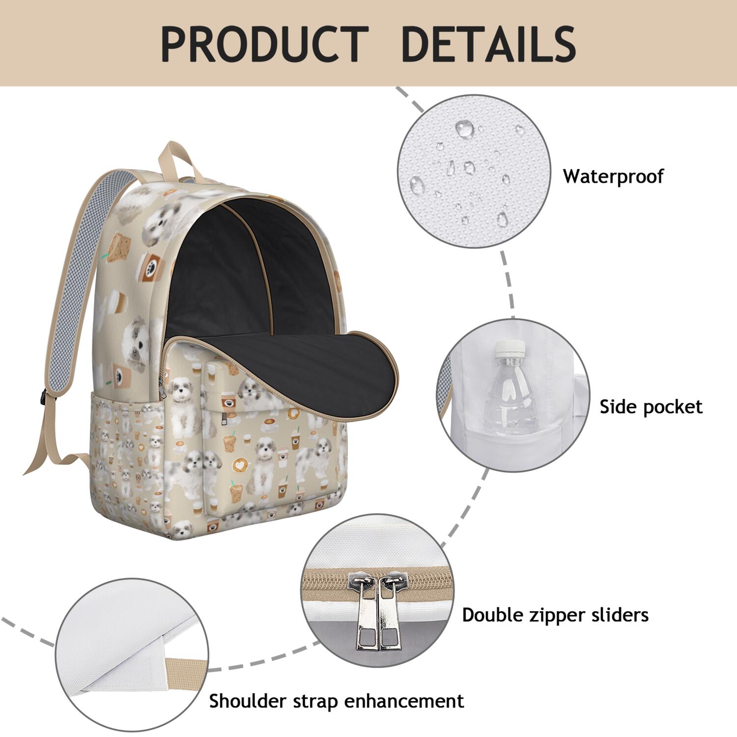 Puppy and Bone Print Backpack, Lightweight School Bag with Cute Furry Dog Design and Minimalist Pattern
