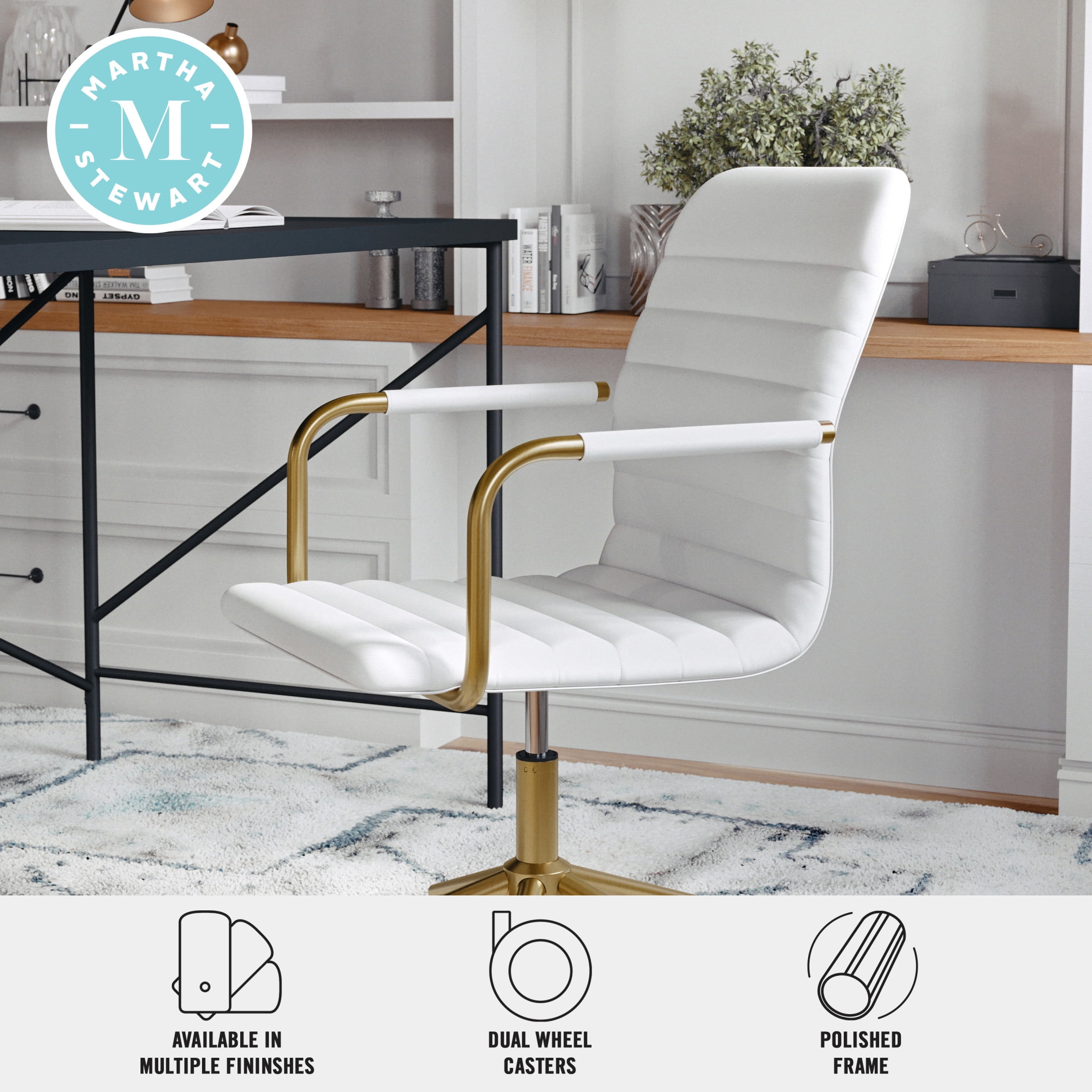 Martha Stewart Taytum Upholstered Office Chair in White/Polished Brass