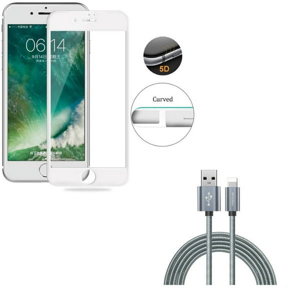 iPhone 7/8 PLUS Screen Protector w 10ft USB Cable - Tempered Glass 5D Touch Curved Edge Full Cover, Charger Cord Power Wire Braided for iPhone 8 PLUS/7 Plus