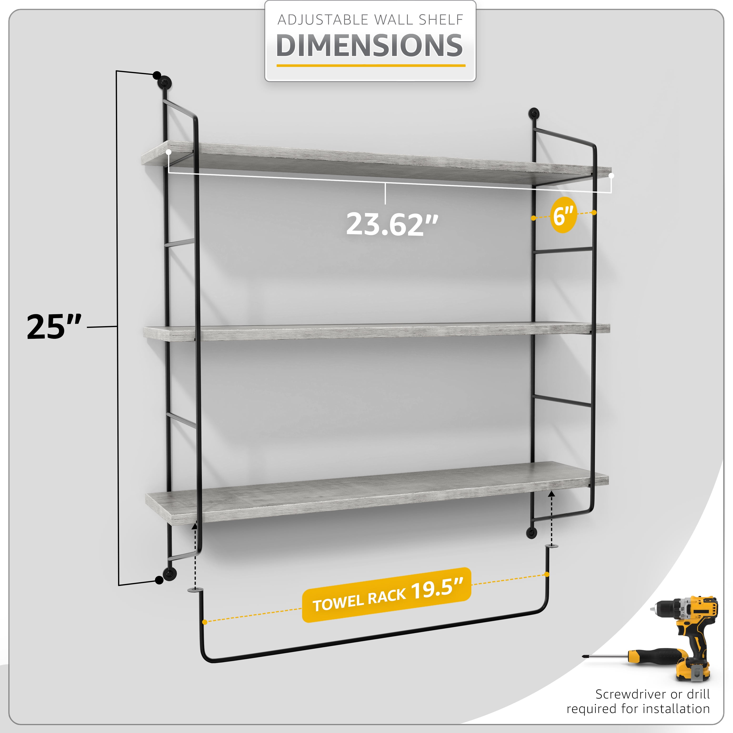 Sorbus 3-Tier Bathroom Floating Shelves, Wooden Wall Storage with Metal Brackets, Gray