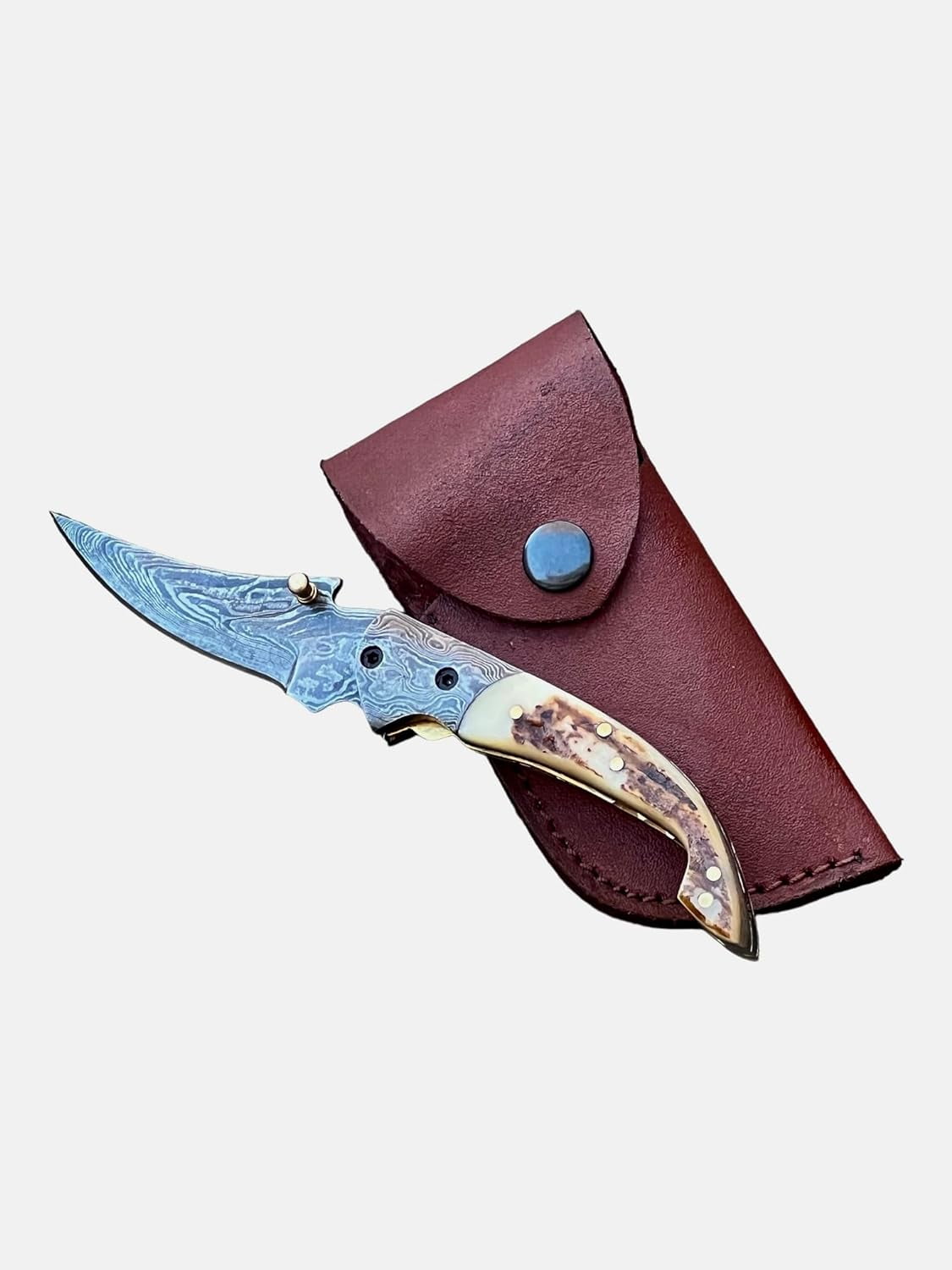 Poshland Custom Handmade 3.2" Tactical Knife with Damascus Steel Stag Horn Handle