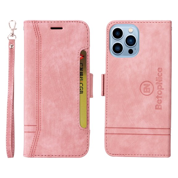 Allytech Wallet Case for iPhone 13 Pro Max, PU Leather Shockproof Card Slots Holder Magnetic Clasp Flip Cover, Lanyard Handbag Wrist Strap Kickstand Folio Case for iPhone 13 Pro Max 6.7 Inch,Pink