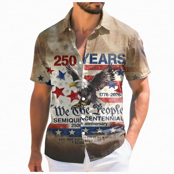 UngA 250 Anniversary USA T Shirt, Men's American Flag Button Down Shirt Casual Eagle Hawaiian Shirts Patriotic Short Sleeve T Shirts for Man (Khaki,L)