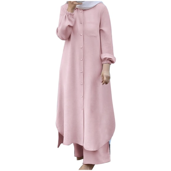 Mrat Hooded for Women Tracksuit Women's Muslim 2 Piece Sets Long Sleeve Button Long Shirt and Pants Casual Dress Dubai Outfits S-91 Pink-A M