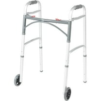 PUXI 2-Button Folding Walker with 2-Wheel, Adjustable, Lightweight, Silver, 350 Lb Limit