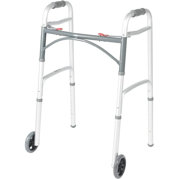 PUXI 2-Button Folding Walker with 2-Wheel, Adjustable, Lightweight, Silver, 350 Lb Limit