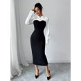 thumbnail image 5 of Black And White Two-Tone Long-Sleeve Midi Dress With Collared Shirt Top And Fitted Black Skirt, 5 of 6