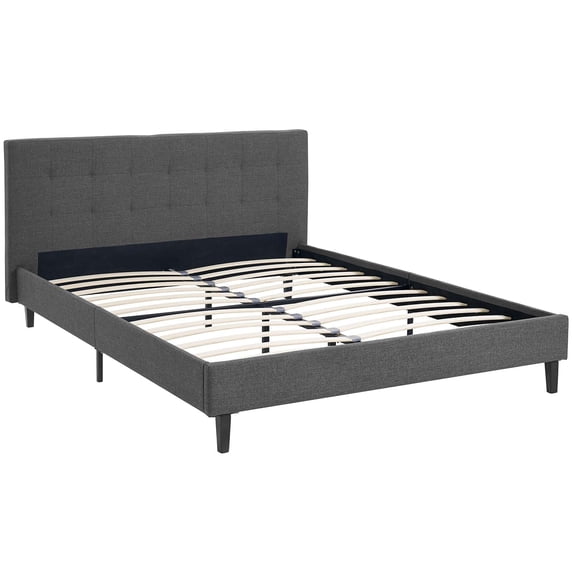 Modern Contemporary Urban Design Bedroom Full Size Platform Bed Frame, Grey Gray, Fabric Wood