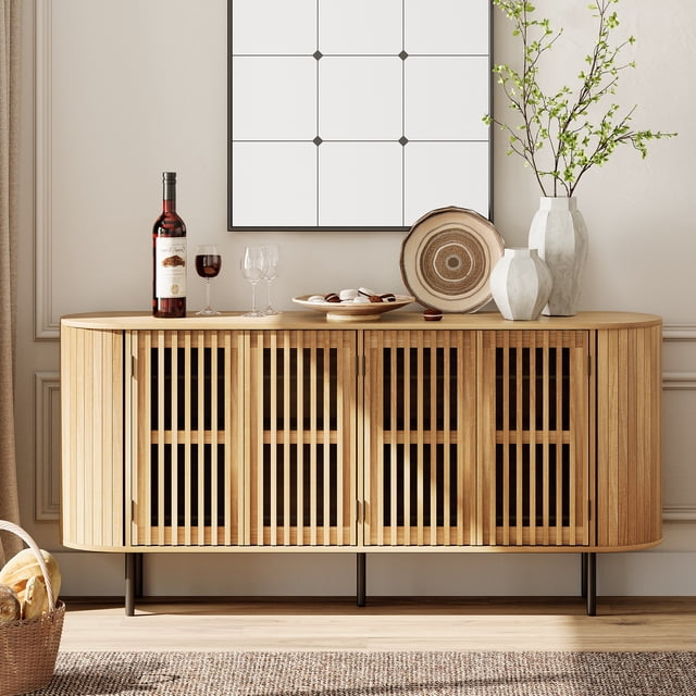 WAMPAT 64.4" Modern Fluted Sideboard with Slatted Doors and Shelves –Natural Oak, Ideal for Dining Room or Living Room