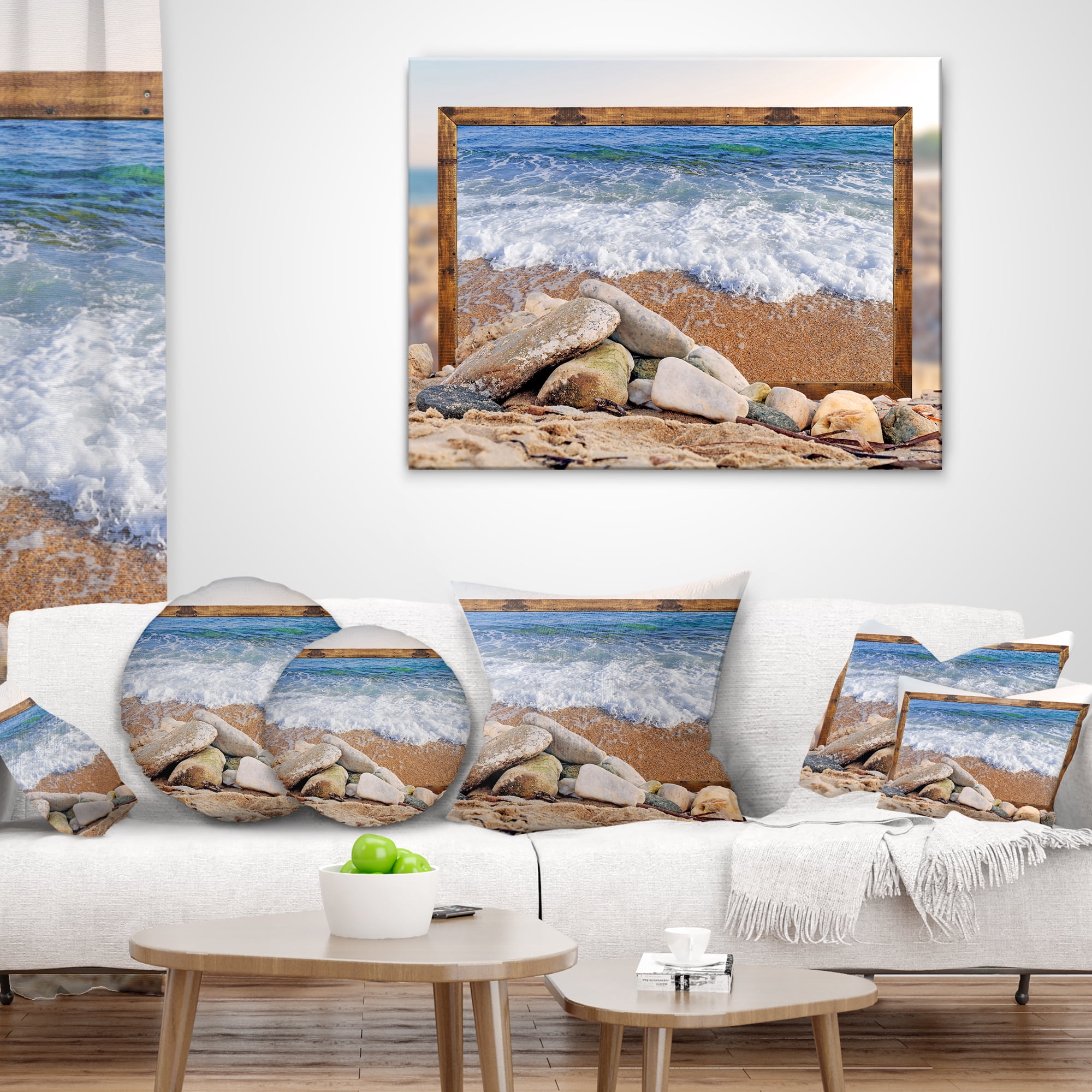 Designart Framed Effect Waves and Rocks - Seashore Throw Pillow - 18x18