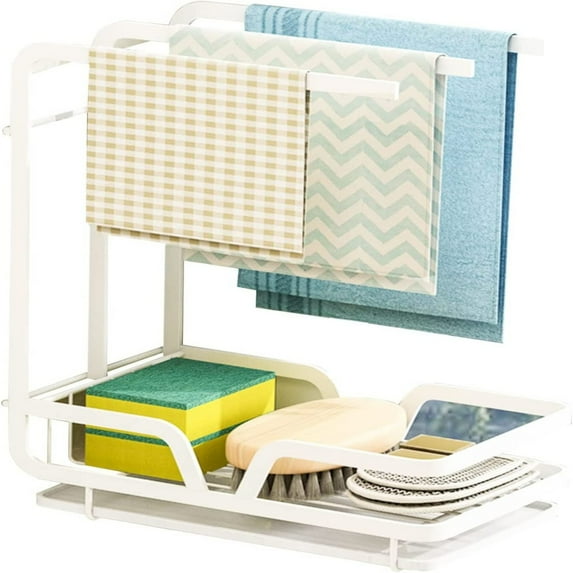 PEACNNG Kitchen Sink Caddy Sponge Holder with Dishcloth Drying Rack, Kitchen Rag Stand Sponge Brush Soap Dish Dishcloth Rack Sink Storage Organizer for Kitchen Countertop (White)