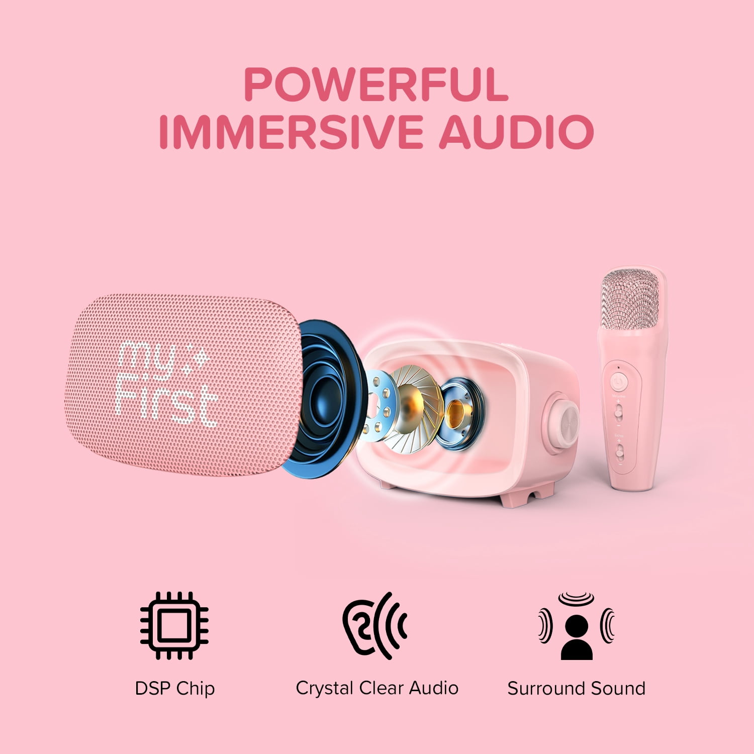 myFirst Voice 2 Kids Karaoke Machine: Portable Bluetooth Speaker, Wireless Microphone with 5 Voice Changers (Pink)