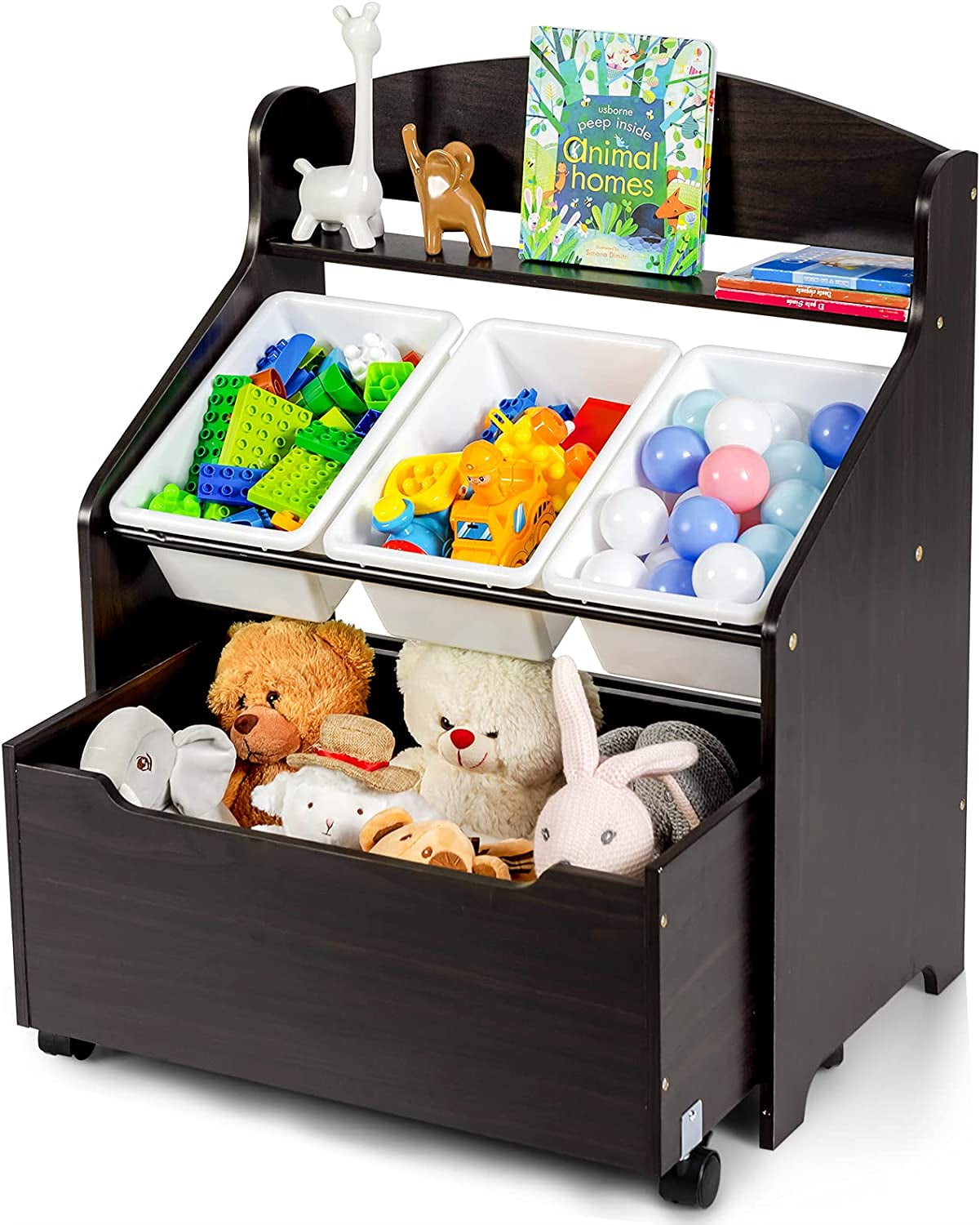 Kids Toy Storage Organizer with Rolling Casters, Removable Book