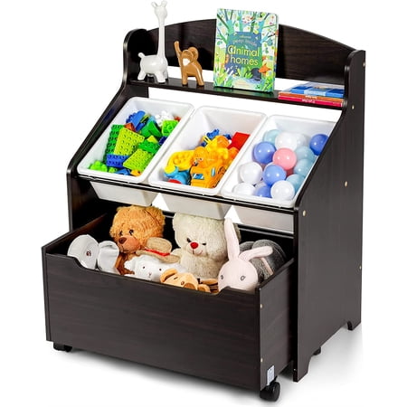 Kids Toy Storage Organizer Cabinet with Rolling Casters  Removable Book Shelf for Kids  Furniture Set Storage Unit with 3 Bins  Preschool/Homeschooling Mobile Organizer Shelf (Espresso)