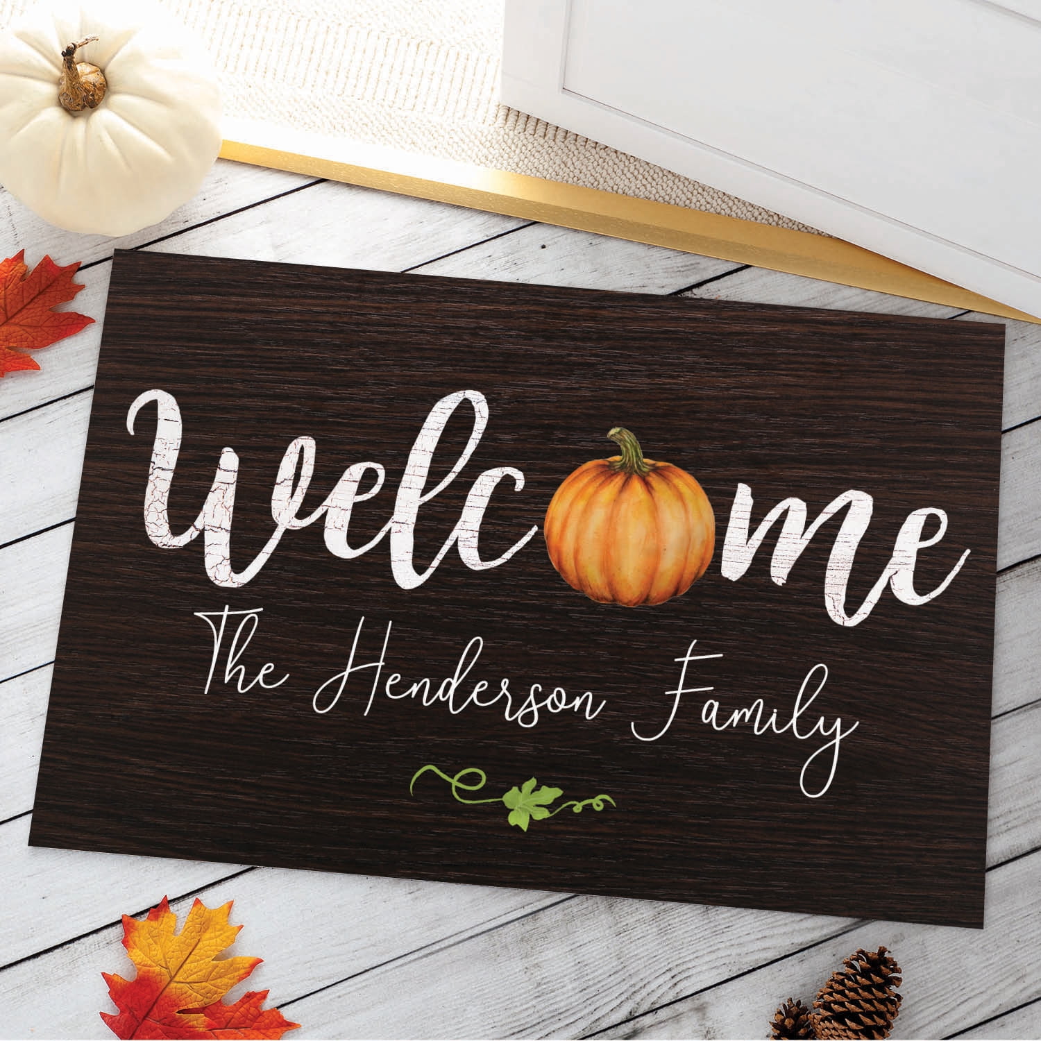Personalized Planet 27x18 Pumpkin Welcome Doormat with Custom Family Name Printed on Black Rectangular 1/8” Thick Non Slip Mat for Kitchen Hallway Deck or Porch