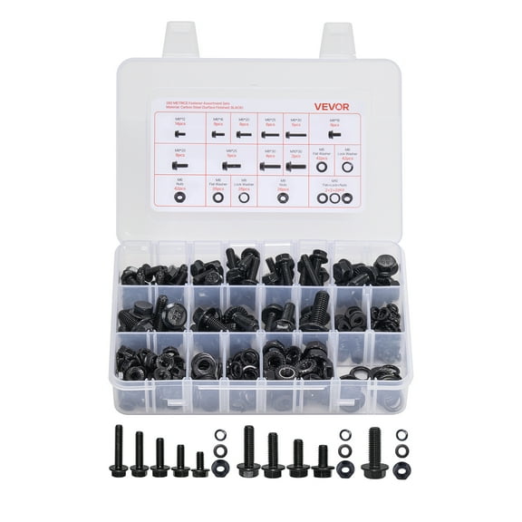 VEVOR 280 Pcs Bolts and Nuts Assortment Kit, Metric Machine Screws and Flat Washers, Alloy Steel M6/M8/M10 Multiple Size, for Furniture / Equipment Assembly, Vehicle Grade 10.9 Black, with Case