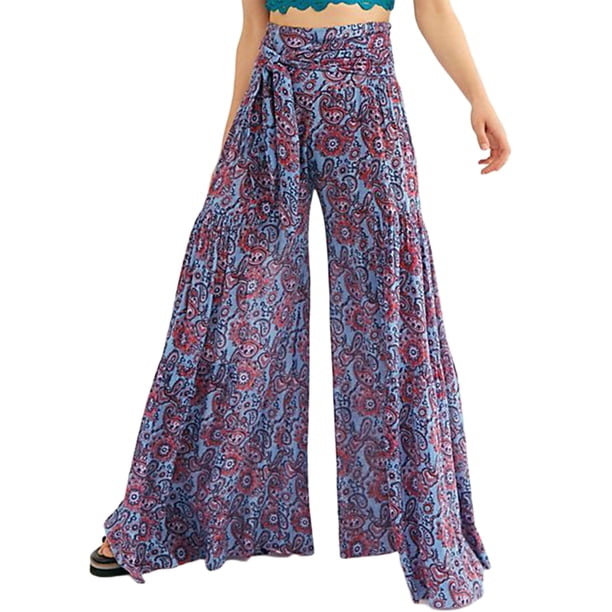 VISgogo - Pantalones palazzo con cinturón para mujer, pantalones de playa sueltos bohemios de cintura alta con estampado floral/a cuadros/cachemira VISgogo moda
