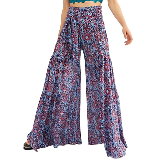 VISgogo - Pantalones palazzo con cinturón para mujer, pantalones de playa sueltos bohemios de cintura alta con estampado floral/a cuadros/cachemira VISgogo moda