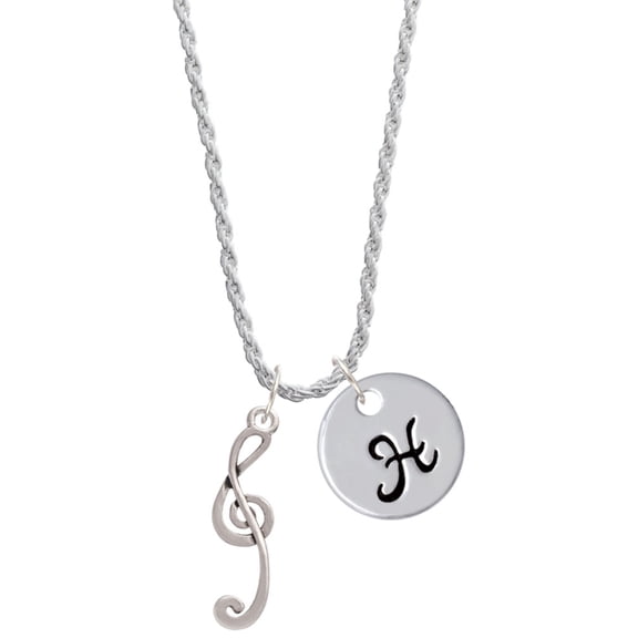 Delight Jewelry Silvertone Long Curly Clef Silvertone Script Initial Disc - H - Charm Necklace, 20"+3"