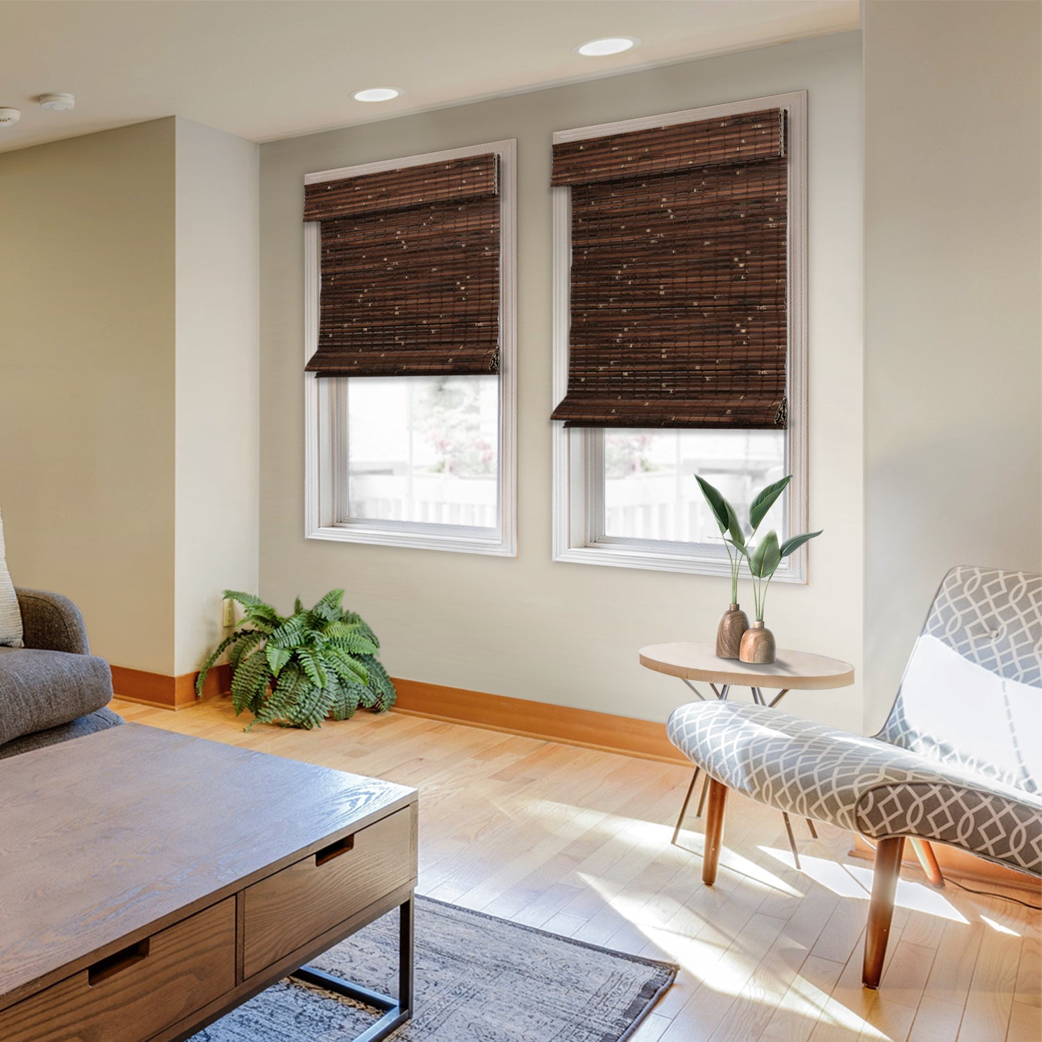 Natural Woven Light Filtering Cordless Bamboo Roman Shades for Windows, 30 in. W x 48 in. L, Smoke